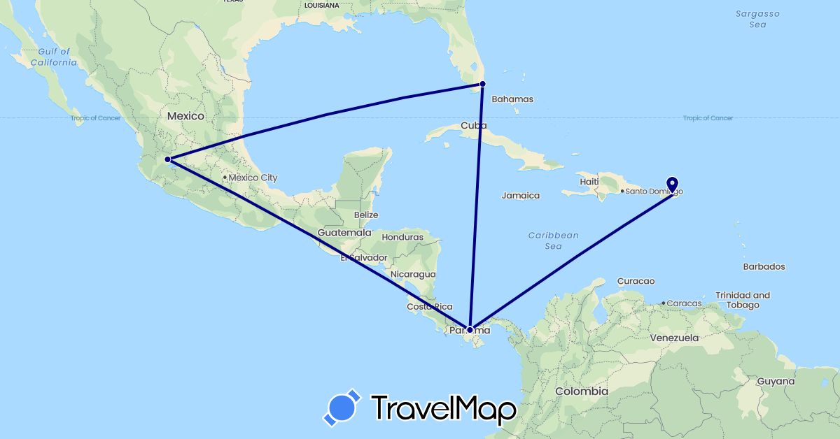 TravelMap itinerary: driving in Mexico, Panama, United States (North America)